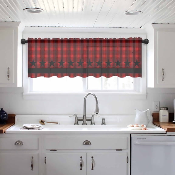 Red Black Plaid Valance Curtains for Kitchen/Living Room/Bathroom/Bedroom Window, Country Vintage Star Abstract Gingham Rod Pocket Small Topper Half Short Window Curtains Voile Sheer Scarf 42"x18"