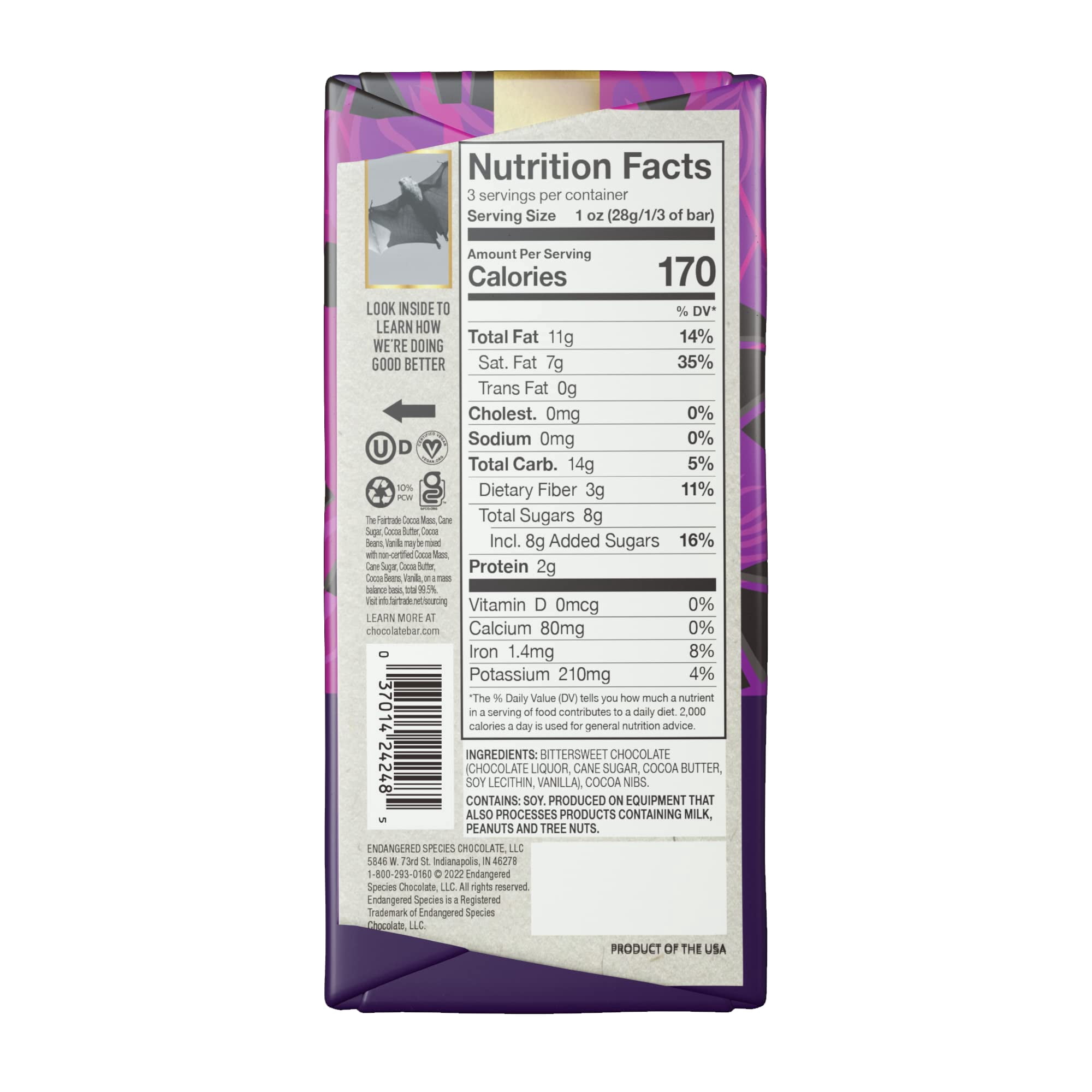Endangered Species Chocolate Dark Chocolate with Cocoa Nibs Bar, 3 Ounce - 12 per case.