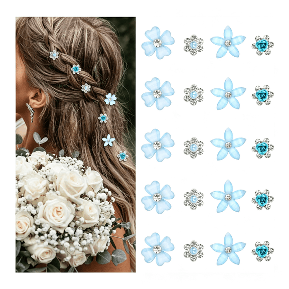 BZCOE Light Blue Assorted Mini Flower Hair Clips for Women&Girls,20Pcs Crystal Floral Hair Barrettes,Delicate Hair Accessories for Wedding Prom Party Daily Hairstyling