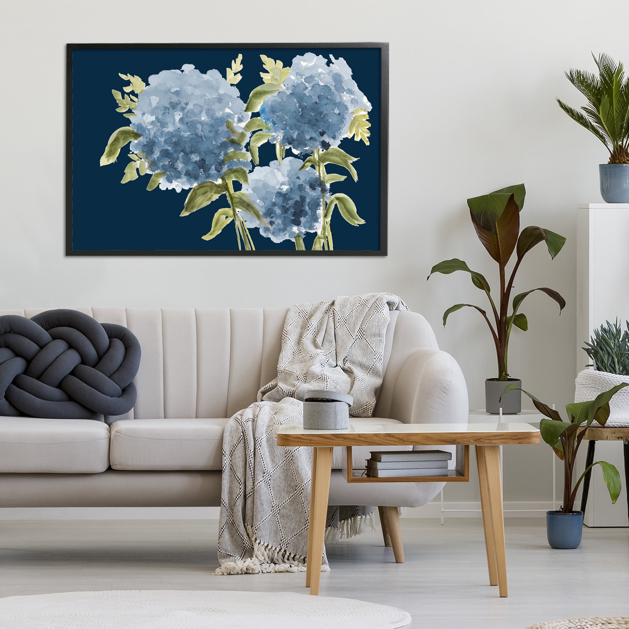 Stupell Industries Blue Hydrangeas on Indigo Black Framed Giclee Art, design by Janice Gaynor