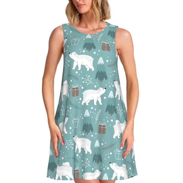 Disketp whiter Snow bear Print para Vestido sin Mangas para Mujeres, Vestidos de Verano para Mujeres, Casual y Holgado para la Playa