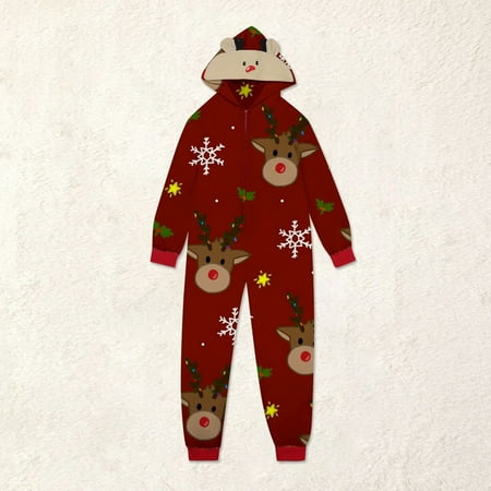 

Leutsin Parent-child Warm Christmas Set Printed Home Wear Hoodid Pajamas Moms Jumpsuit