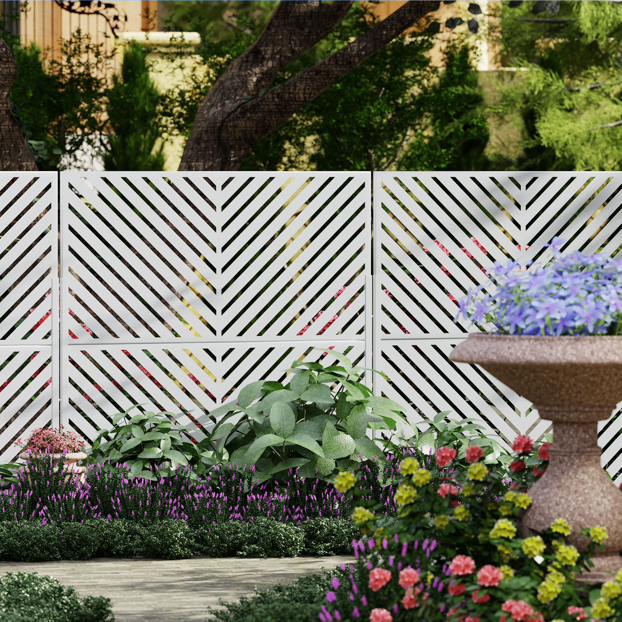 MAYEERTY 72*47" Outdoor White Metal Privacy Panel Screen for Patio, Parallel Line Pattern