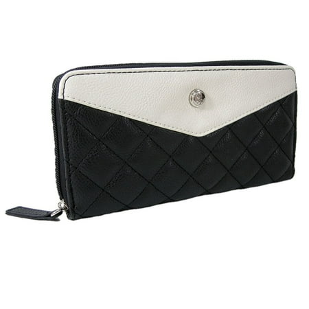 New Nine West Logo Zip Around Wallet Purse Hand Bag Black Chalk Quilted Marren