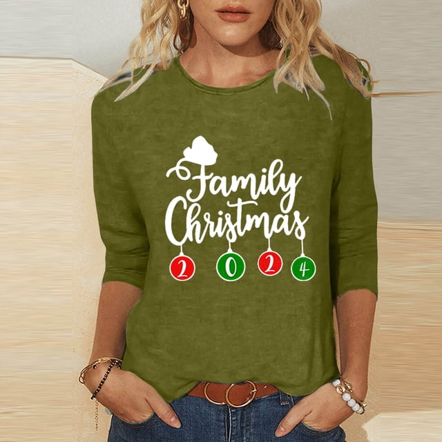 Aqestyerly Hauts de Noël pour Femmes Mode Féminine T-Shirt Imprimé de Noël Manches 3/4 Blouse Col Rond Hauts Décontractés