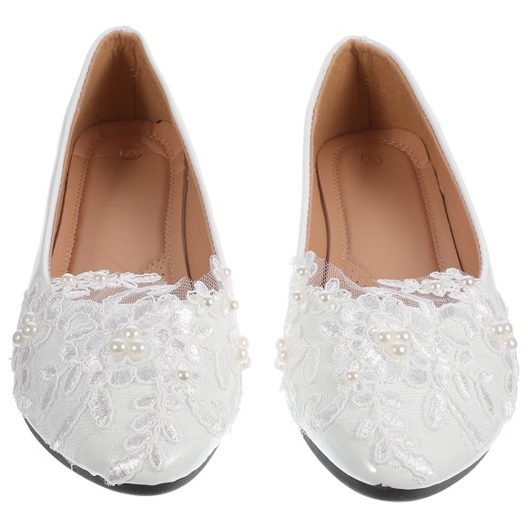 SHISUYAN 1 Pair Handwork Wedding Shoes Stylish Lace Pearl Flower Wedding Shoes White Wedding Dress Supplies Bridal Flat Shoes Leisure Women Shoes Size 40 White