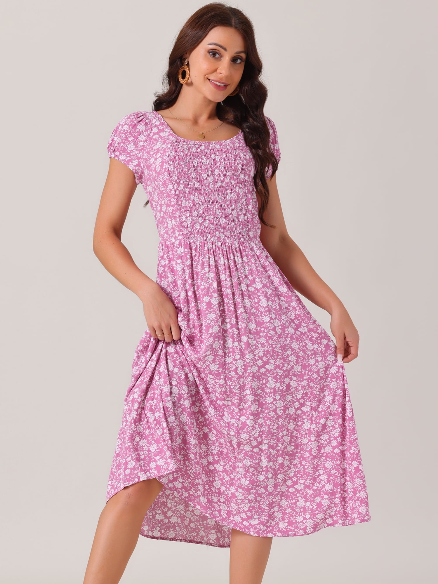 DARING DIVA Crew Neck Short Sleeve Midi Floral Blouse S Pink