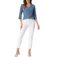 thumbnail image 2 of Blusa de mujer Inspire Chic con cuello en V, mangas 3/4, estampado de lunares y corazones, parte delantera con botones, azul mezclilla, talla XS, 2 of 6