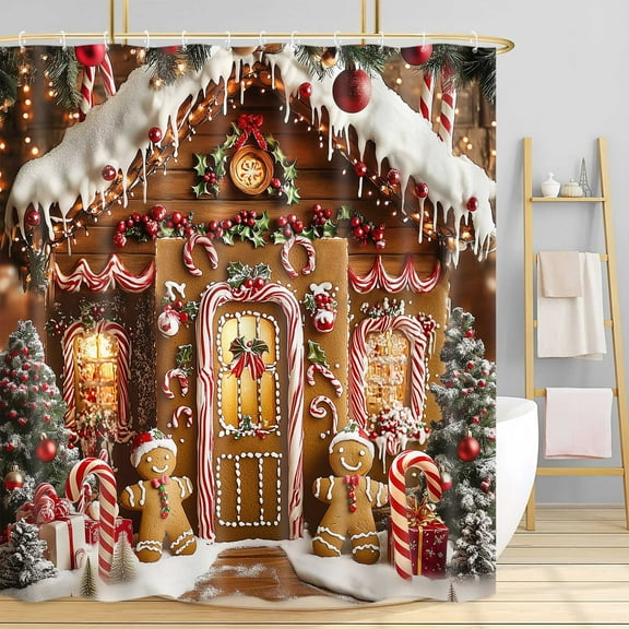 Christmas Kids Shower Curtain, Gingerbread House Snowflake Holiday Fabric Bath Curtain, Xmas Pine Tree Restroom Decor Bathroom Accessories with Hooks, 72X72in