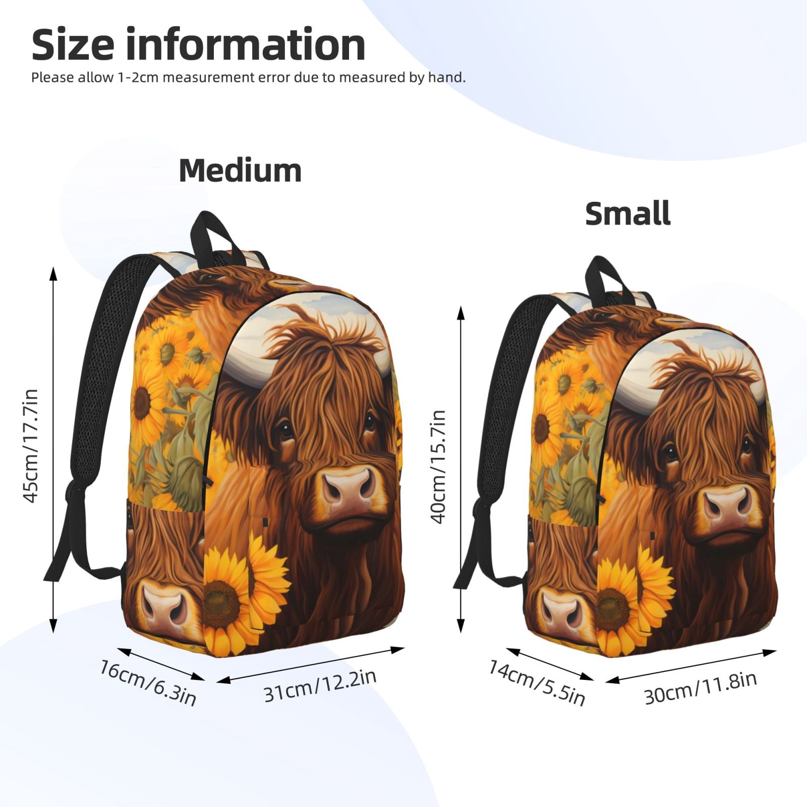 Vsdgher Countryside Sunflower Cow Print Canvas Backpack Travel Rucksack Unisex Knapsack 15.7/17.7Inch Laptop Backpack for Work,College -Small