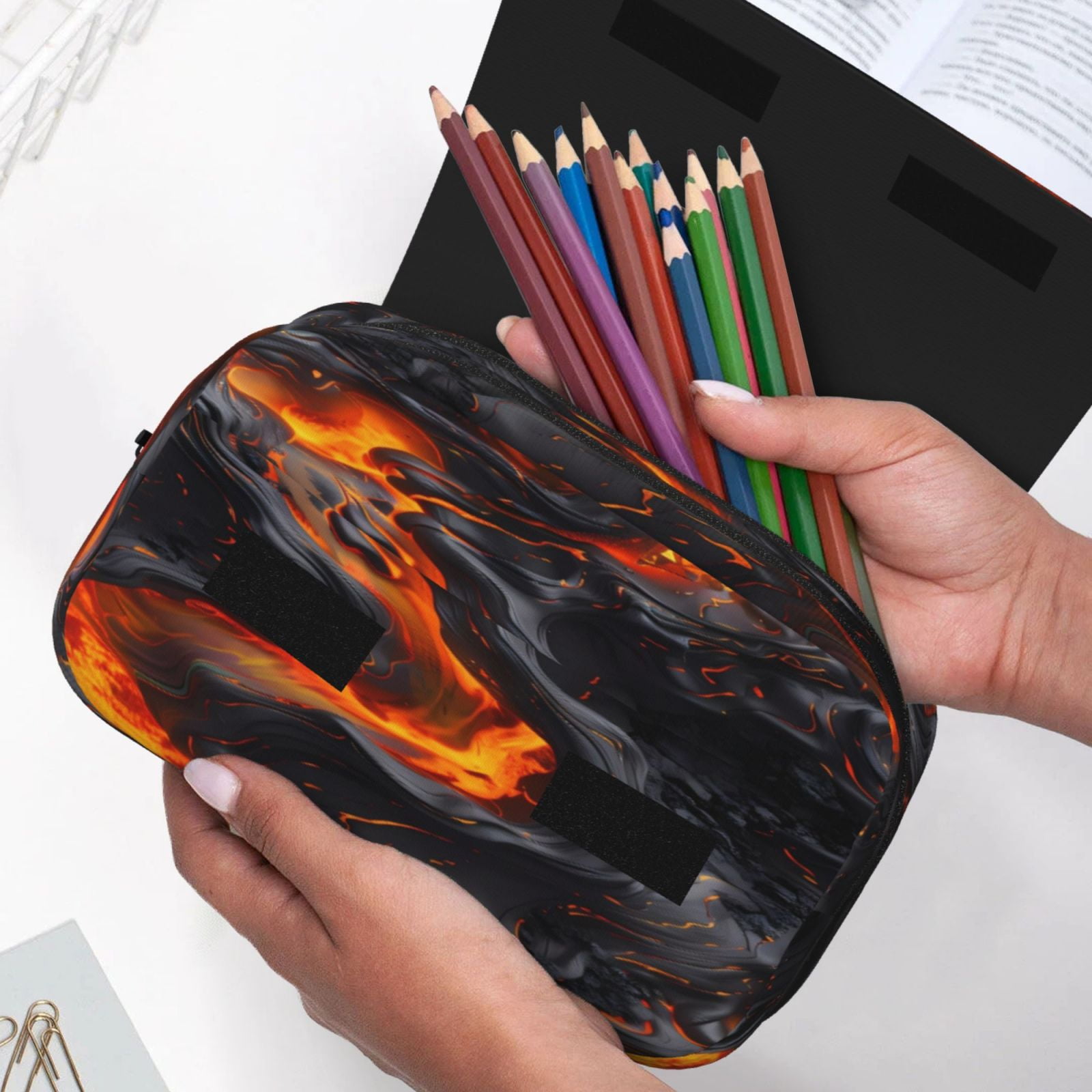 Rateoe Molten Lava Abstract Flow Pattern Double Clamshell Pen Case, Storage Organizer with Two Zipper Compartments– Holds Up to 50 Pencils & Pens