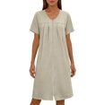 thumbnail image 5 of Women's Front Zipper Housecoat, Short Sleeve Pleated Duster Robe, Loose Fit Casual Nightgown Loungewear with Pockets, 5 of 7