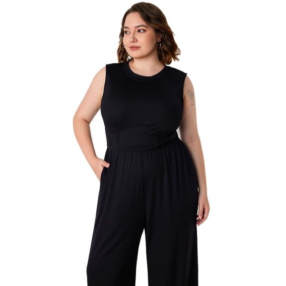 AURA Womens Sleeveless Knit Waist Cinched Casual Solid Black Long Pants Jumpsuit 1XL 3XL