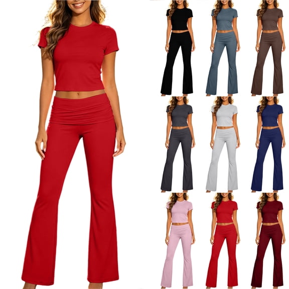 Bloomae Women's 2 Piece Athletic Outfits Matching Lounge Sets Short Sleeve Basic Solid Color Crewneck Crop Tops and Wide Leg Flared Bootcut Pants Tracksuit Sets