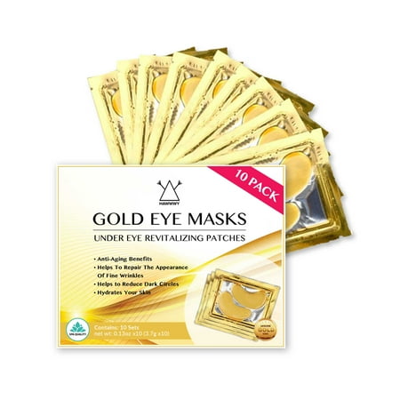 Pad Eye Design 24K Gold Eye Mask/Anti-aging Hyaluronic Acid Eye Patches / Gold Collagen Eye Strips for Anti Wrinkle Tissue Rejuvenation / Spa Quality / Gold Eye Pads / 10-Pack ()