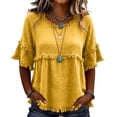 thumbnail image 3 of Nestiefly Womens Linen Tops Summer Casual Short Sleeve V Neck Shirts Fringe Retro Cotton Linen Blouses Raw Hem Beach Clothes Yellow 3XL, 3 of 6