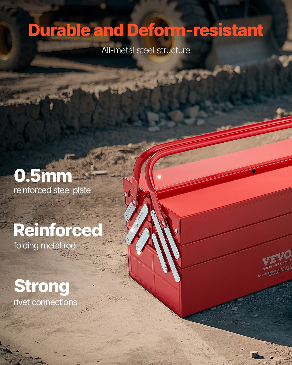 VEVOR Metal Tool Box, 18-inch, 3-Tier 5-Tray Portable Folding Tool Chest Organizer with Handle & Lock Hole, Powder Coated Steel, Cantilever Toolbox for Household Factory Warehouse Repair Shop, Red