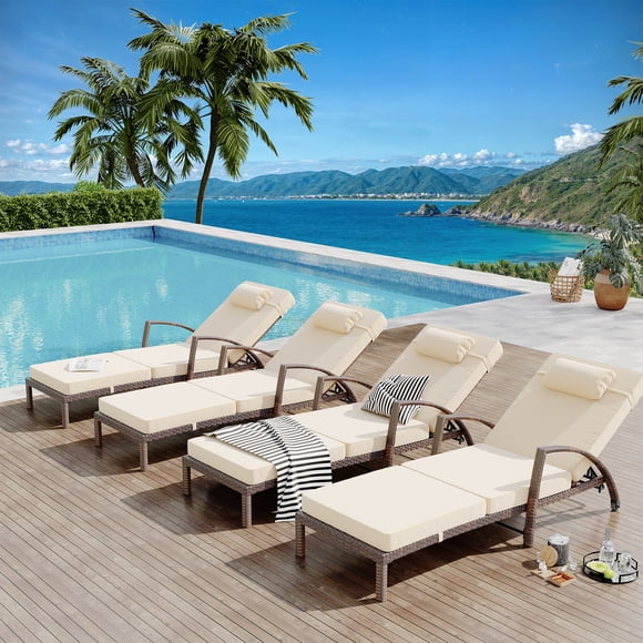 Ensemble de 2 Chaises Longues d'Extérieur en Rotin, Fauteuils Inclinables Réglables à 5 Positions avec Coussins et Roues – Chaises Longues de Patio Toutes Saisons pour Cour Arrière, au Bord de la Piscine – Bleu Paon / Rouge / Brun+blanc Cassé