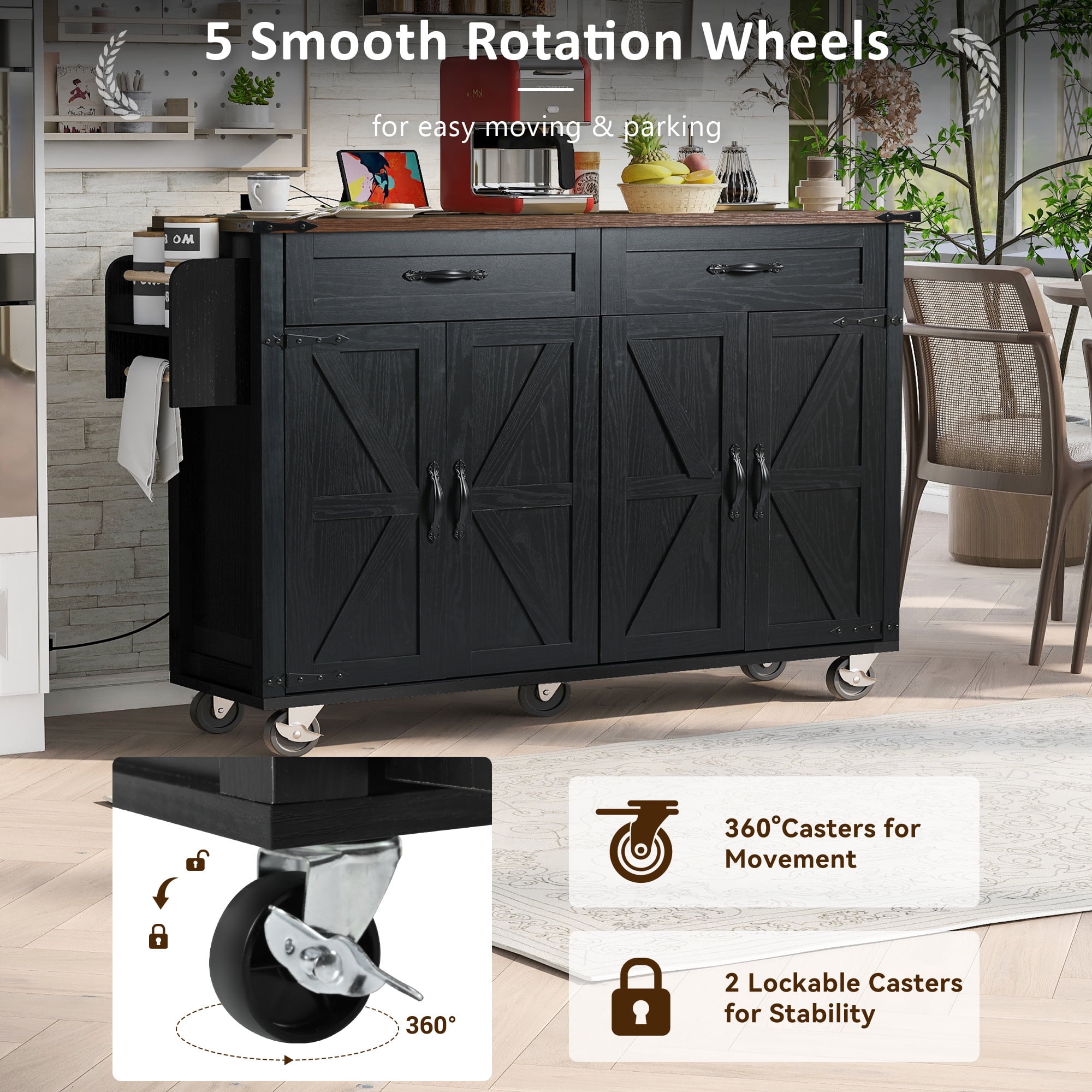 Alvantor 53.5'' Kitchen Island Carts with Power Outlet, Farmhouse Storage Cabinet with Drop Leaf, Spice Rack and Drawer for Dining Room Living Room Black