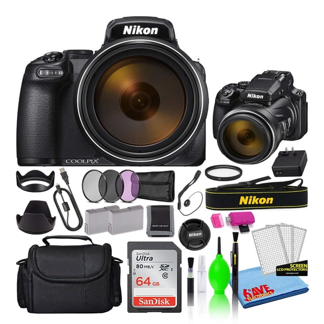 Cámara digital Nikon COOLPIX P1000 de 16 MP con zoom óptico de 125x con Tarjeta SD SanDisk de 64 GB, bolsa para cámara, Kit de filtro, batería de repuesto y Kit de limpieza
