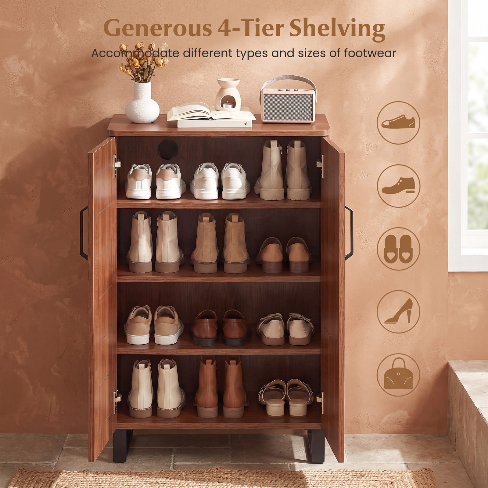 Furnibear 5-Tier Shoe Storage Cabinet Freestanding Wooden Shoe Rack Organizer with Countertop for Entryway and Hallway, Brown
