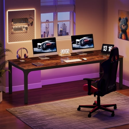 Fnova 78.7" Modern Computer Desk with Wood Desktop, Metal Frame Office Desk, Rustic Brown