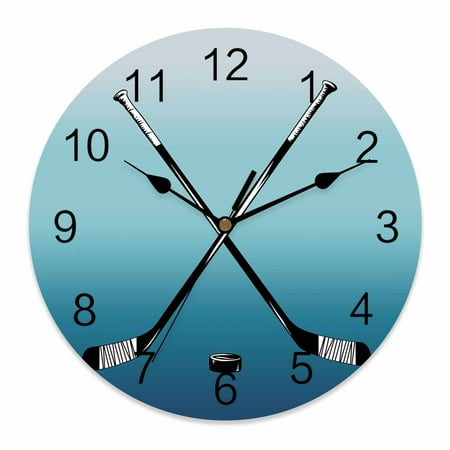 Wall Clock Hockey Player Clocks PVC Silent Non-Ticking Battery Operated Decorative Sports Ground Ombre Blue Round Clock for Home Living Room Kitchen Bedroom Office School Wall Decor 10 Inch