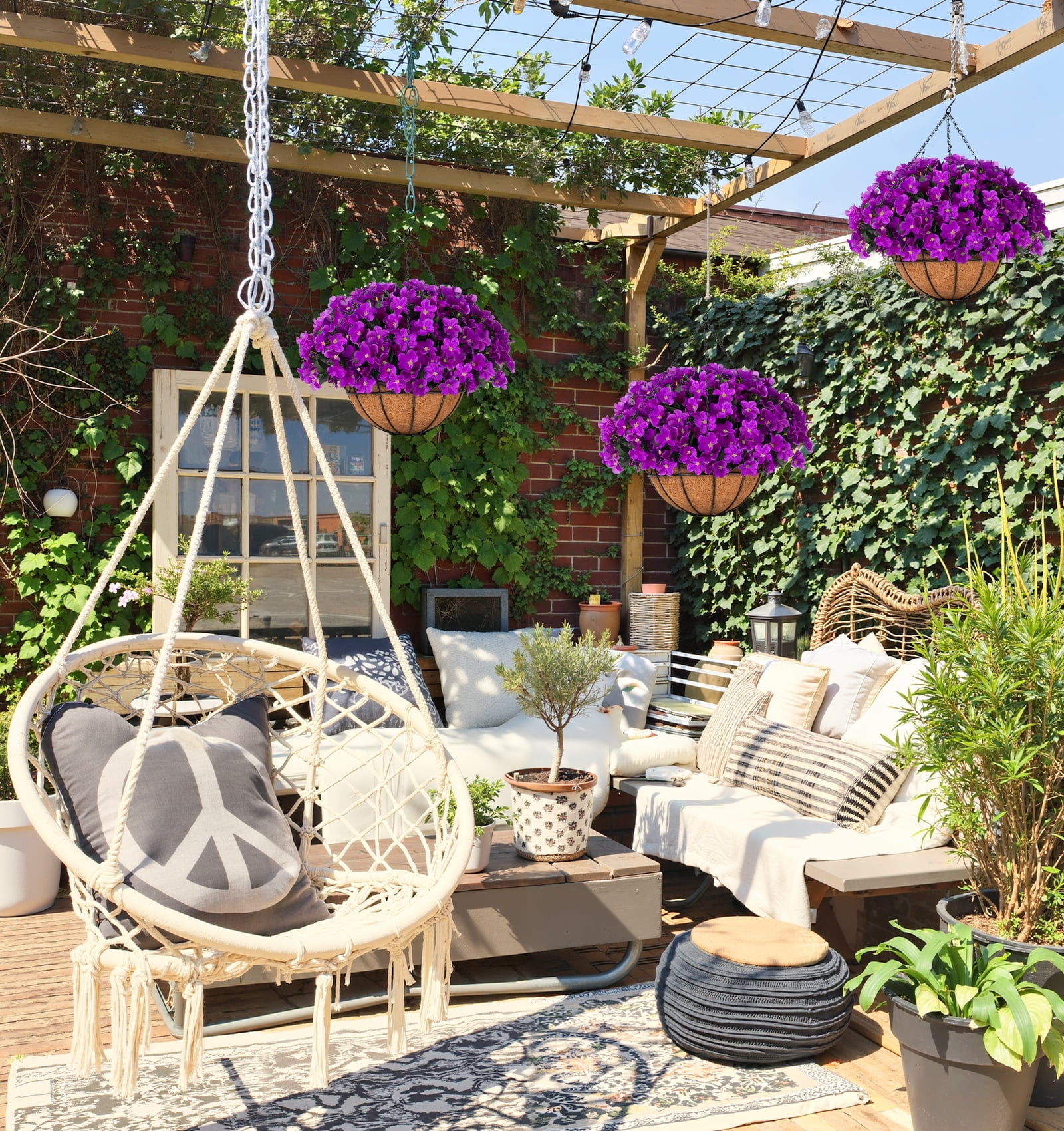 Scidweet Artificial Hanging Flowers with 12" Basket for Outdoors, Fake Flowers Faux Hydrangea for Spring Summer Outside Indoor Home Garden Decoration, Purple