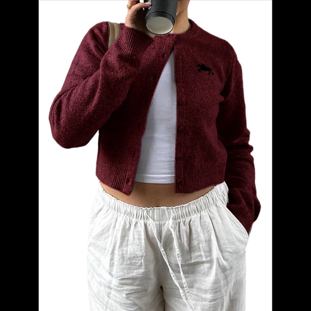 Cárdigan de Cuello Redondo con Botones para Mujer, Suéter de Punto de Larga, Ropa de Abrigo Vino Tinto XL
