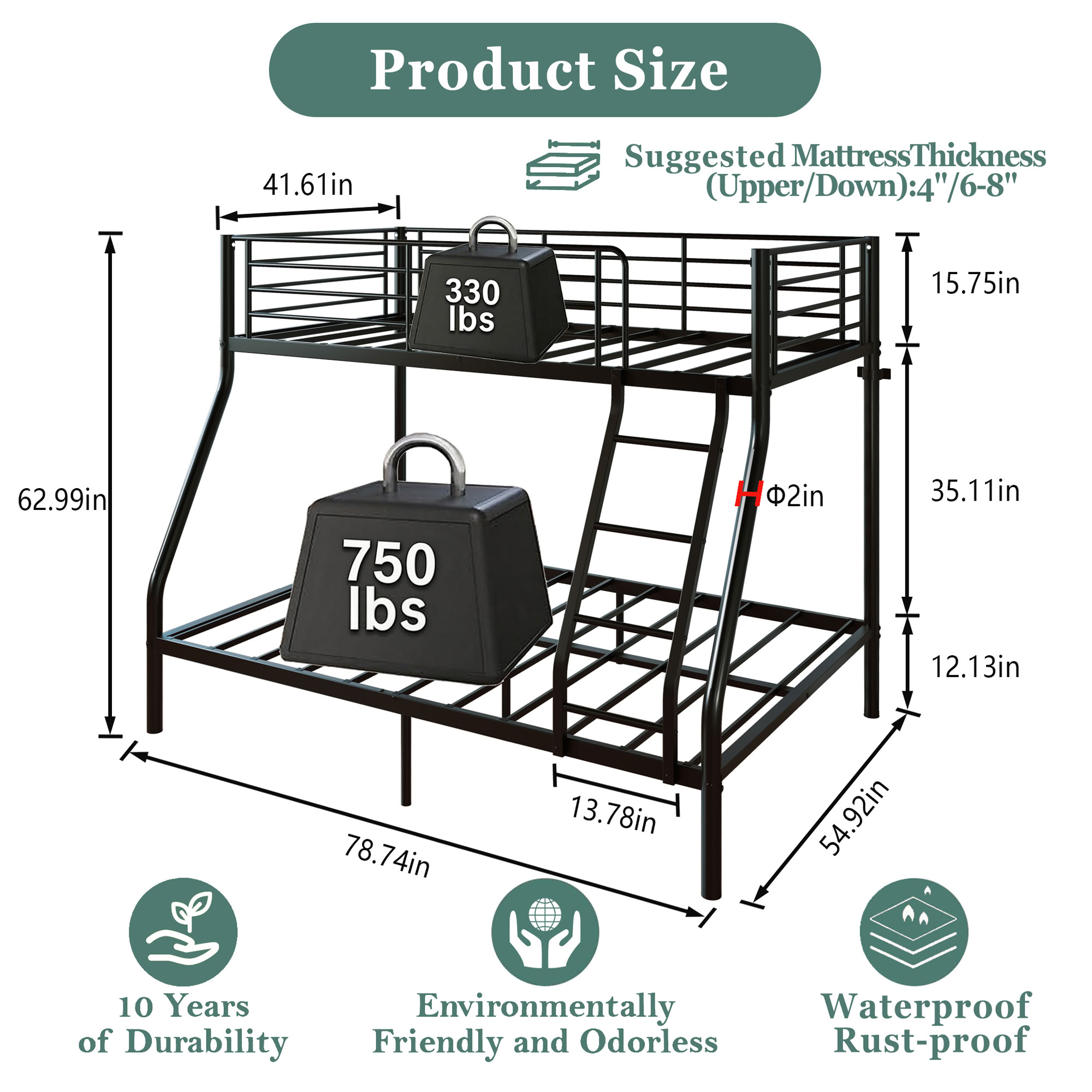 MAYEERTY Twin Over Full Metal Bunk Bed, Heavy Duty 750 lbs Capacity Steel Frame with Guardrail for Kids Adults Dorm Room, Black
