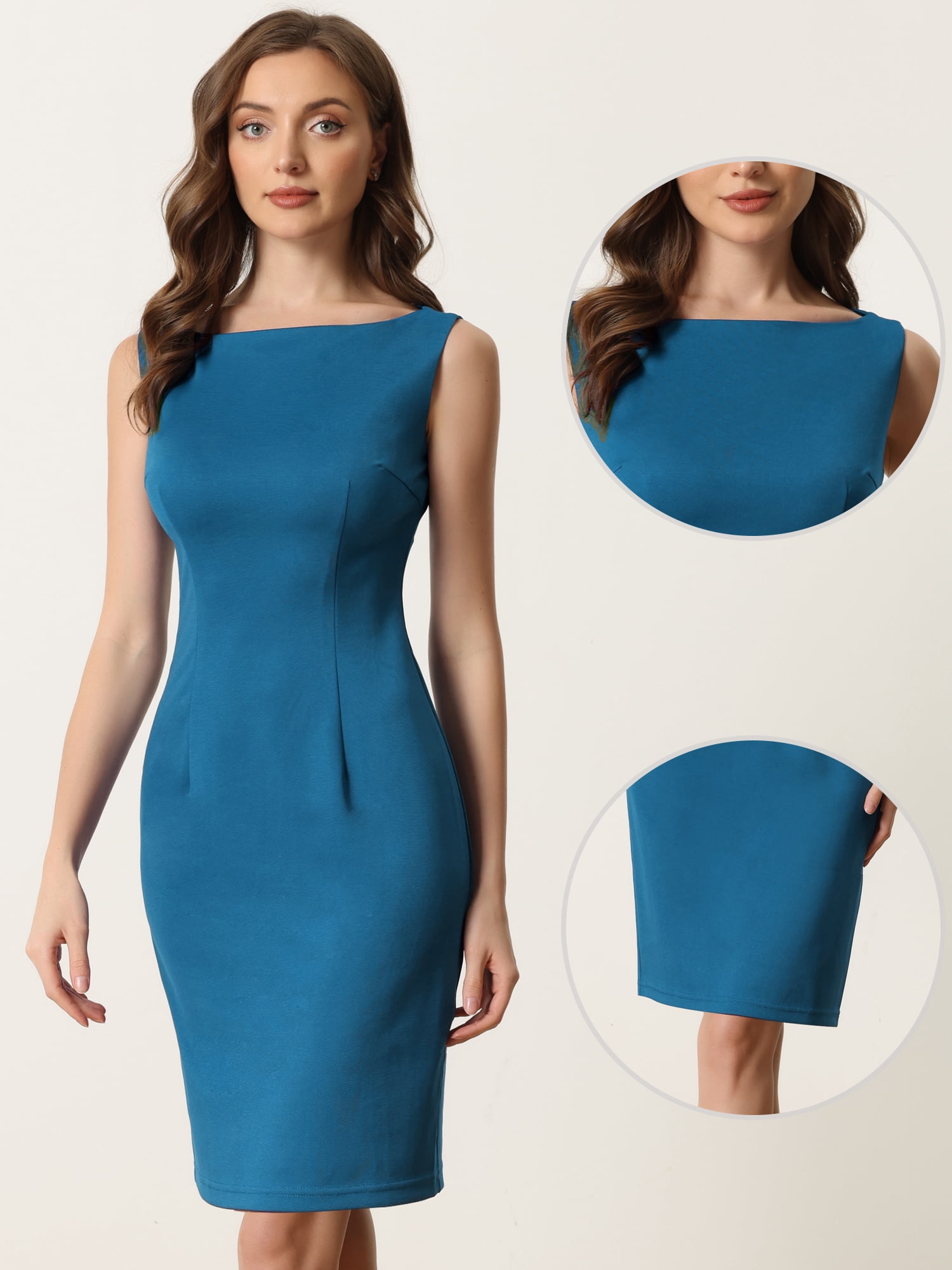 DARING DIVA Women's Boat Neck Casual Office Sleeveless Sheath Dresses S Lake Blue