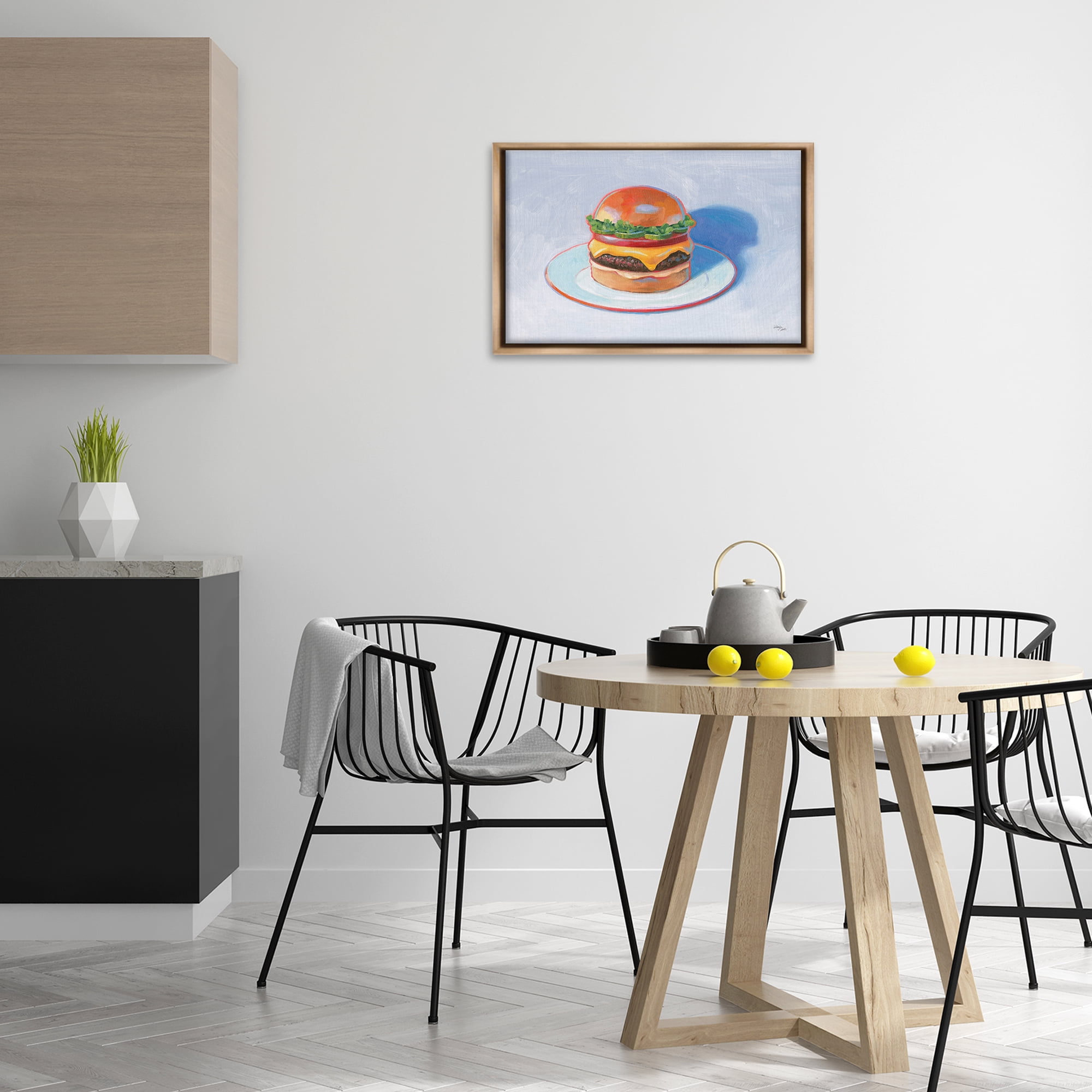 Stupell Industries Burger on Plate Food & Beverage Painting Brown Floater Framed Canvas Art Print Wall Art, 25 x 17
