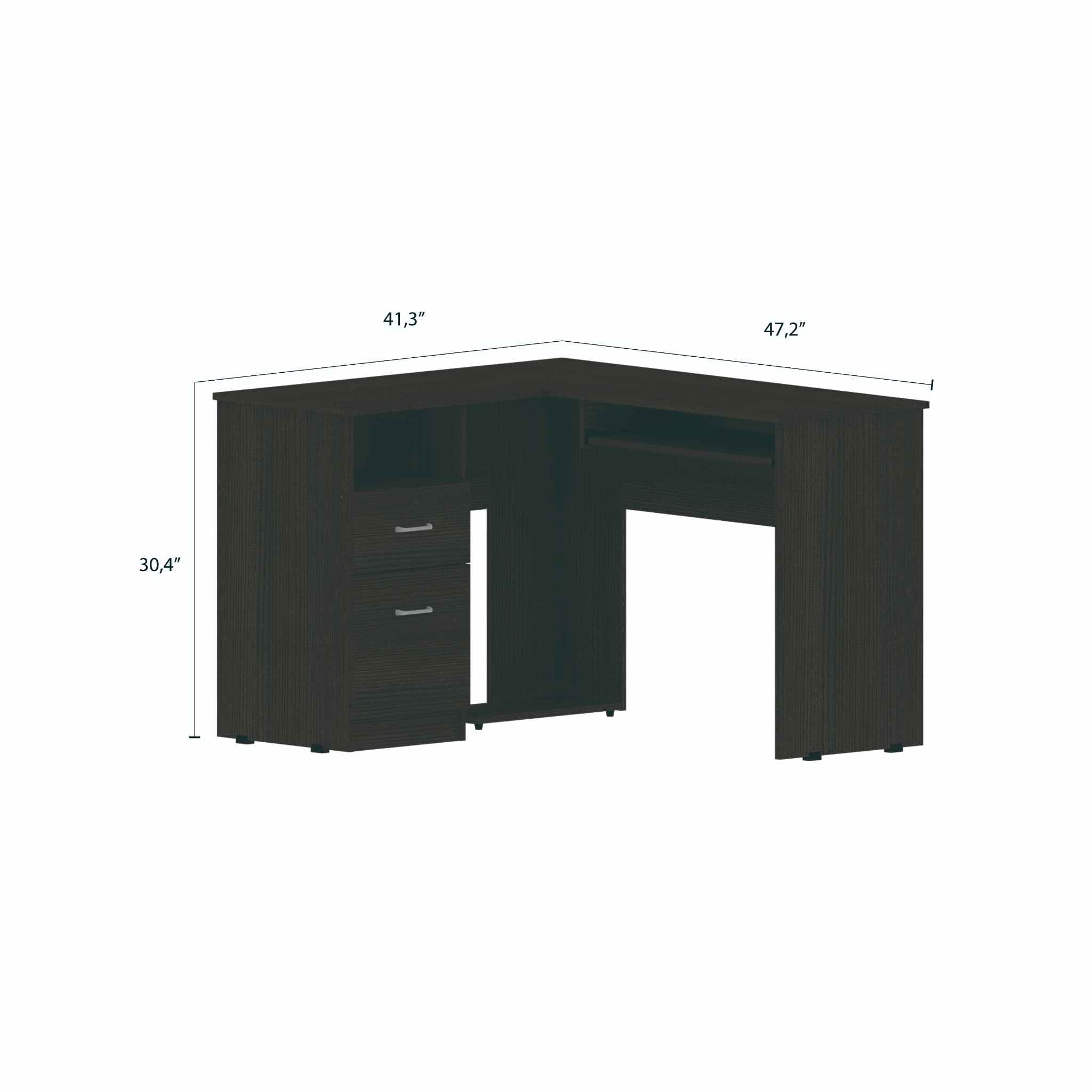 Mix L-Shaped Desk, Keyboard Tray, Two Drawers, Single Open Shelf Light Gray