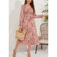 thumbnail image 3 of Scoop Neck Shirred Floral Print Dress for Women Mid-Calf Length Pink Large, 3 of 4