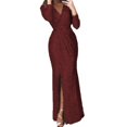 thumbnail image 1 of Robe à Paillettes pour Femmes à Col en V Profond avec Fente, Manches Longues, Robe de Boîte de Nuit, de Fête et de Soirée, 1 of 2