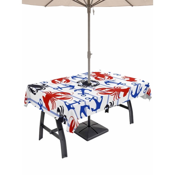 Outdoor Tablecloth with Umbrella Hole and Zipper, Coastal Crabs Rectangle Table Cloth 60x102 Inch Waterproof Tablecloth, Blue Red Nautical Anchor Lobster Marine Life Picnic Table Cover for Patio
