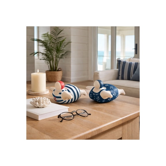 Coastal Swimmer Figurine Set for Home Decor - Swimwear Sculpture for Bathroom, Office, and Living Room Accent - Beach Ornaments for Shelf or Coffee Table Display - Set of 2, 4", White & Blue