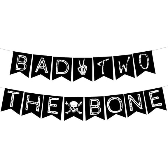 Bad Two the Bone Banner - Rock N Roll Bone Skull Second Birthday Decoration, Born to Rock Music Theme 90s Birthday Party Supplies Black for Boys Kids