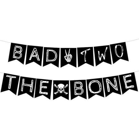 Bad Two the Bone Banner - Rock N Roll Bone Skull Second Birthday Decoration, Born to Rock Music Theme 90s Birthday Party Supplies Black for Boys Kids