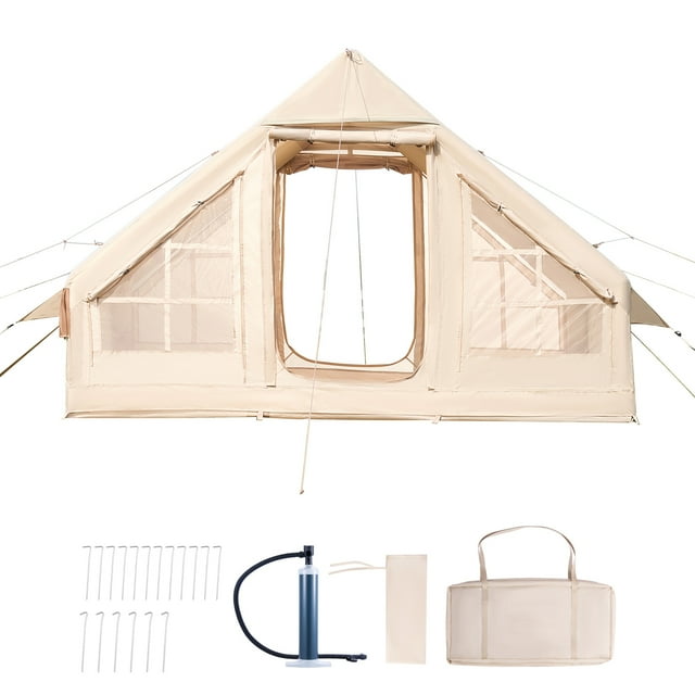KFFKFF Inflatable Tents for Camping, 3-5 Person Easy Setup Blow up Tent with Hand Pump, 300D Oxford 4 Season Glamping Tent with Stove Jack 2 Doors & 2 Mesh Windows