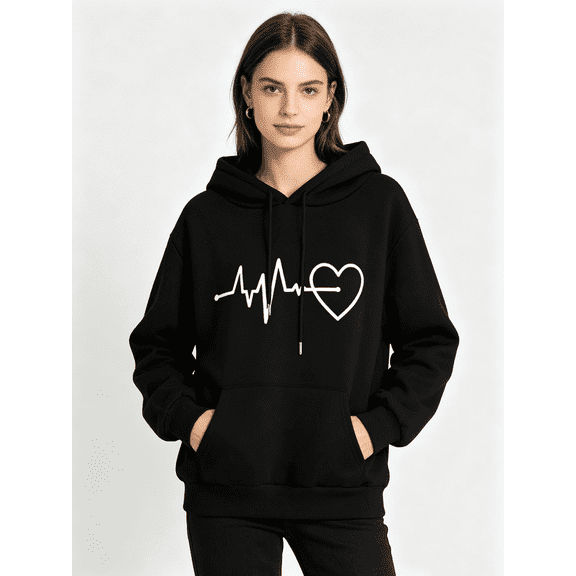 Zynoxe Women's Heart Print Sweatshirt with Kangaroo Pocket Drawstring Lightweight Hoodies for Women Comfort Elastic Ribbed Cuffs Hem Pullover Hoodie Oversized Long Sleeve Athletic Tops S