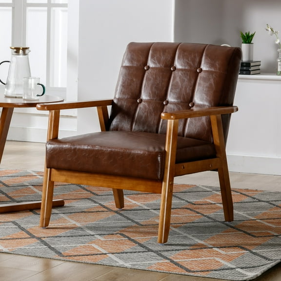 MOONMISS PU Leather Upholstered Tufted Mid-Century Modern Wood Frame Accent Chair for Living Room-Brown