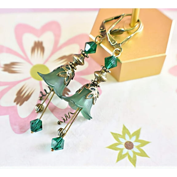 Vintage Victorian Style Emerald Green and Antique Bronze Bell Flower Lucite Earrings