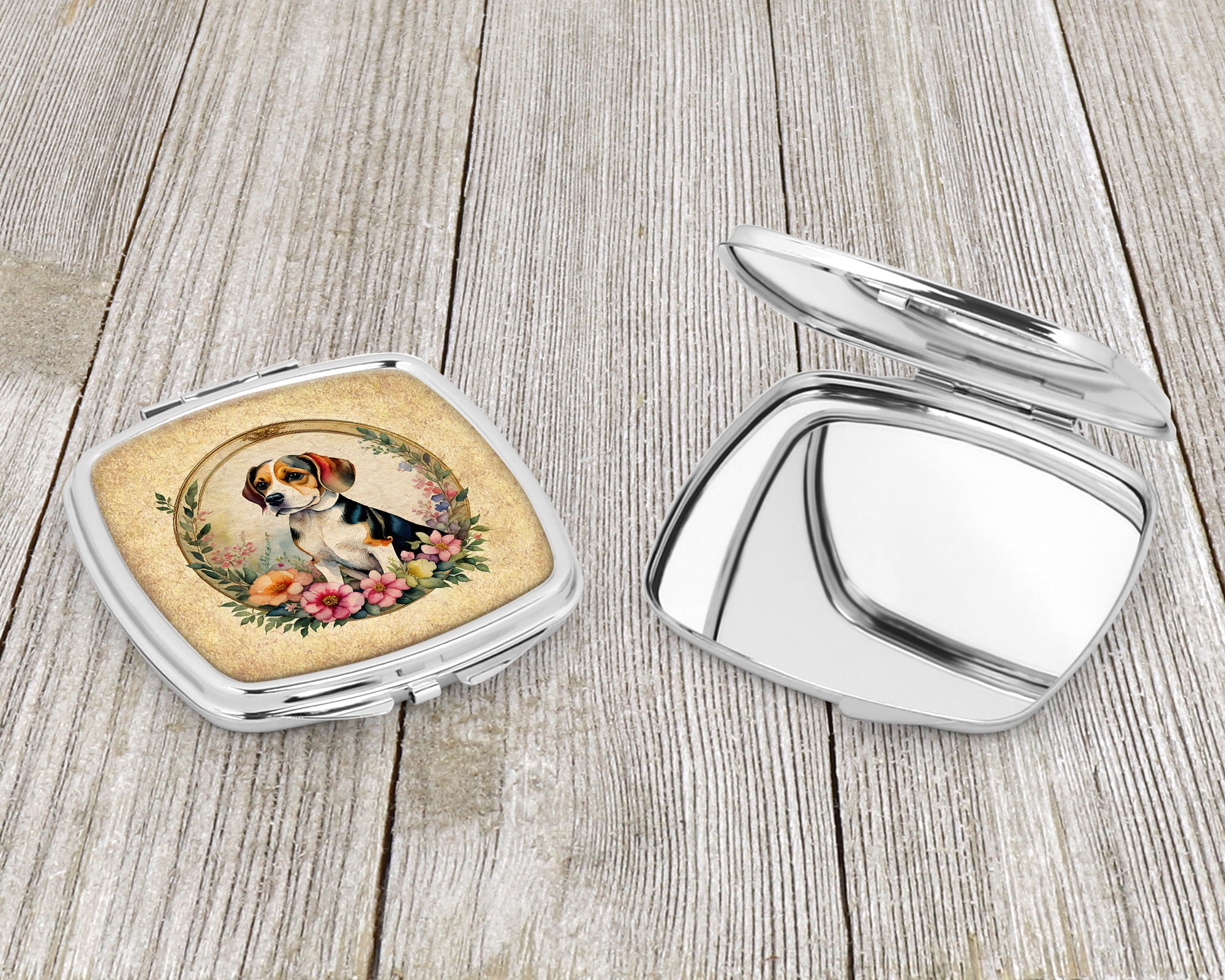 Beagle and Flowers Compact Mirror 2.75 in x 3 in