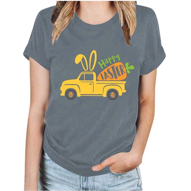 RKSTN Hauts Grande Taille pour Femmes Mode Été 2024 Col Rond Manches Courtes T-shirt Décontracté Ample Imprimé Graphique Voiture de Pâques