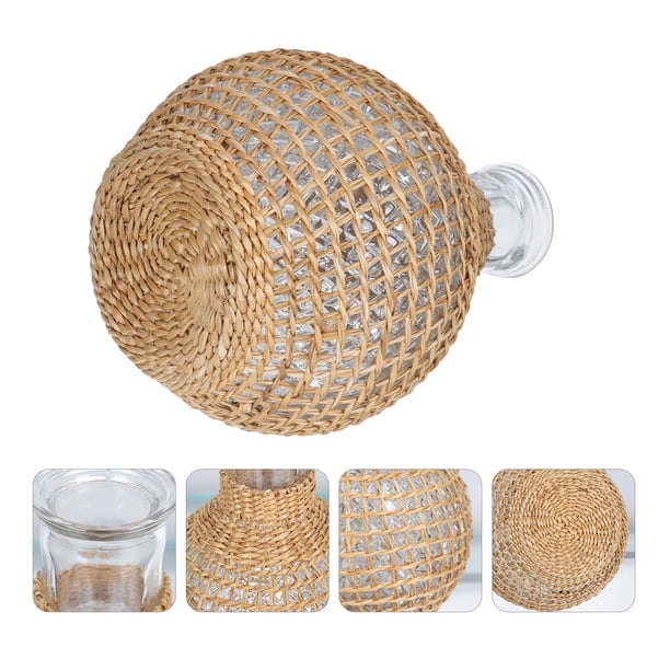 OHOIOLLA 1Ud Florero Decorativo De Vidrio Y Ratán Marrón Con Para Arreglo Floral