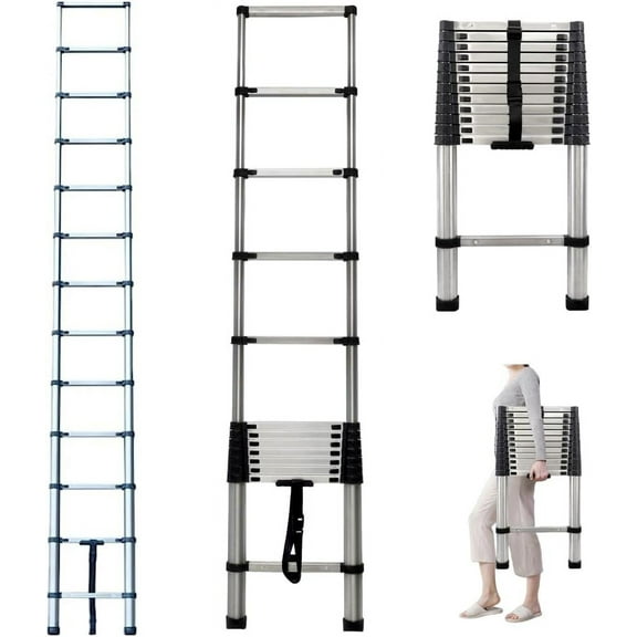 Telescoping Extension Ladder Stainless Steel 12.5FT Lightweight Collapsible Multi-Purpose Portable Telescopic Attic Rv Roof Ladder, for Household Outdoor, 330 Lb Capacity
