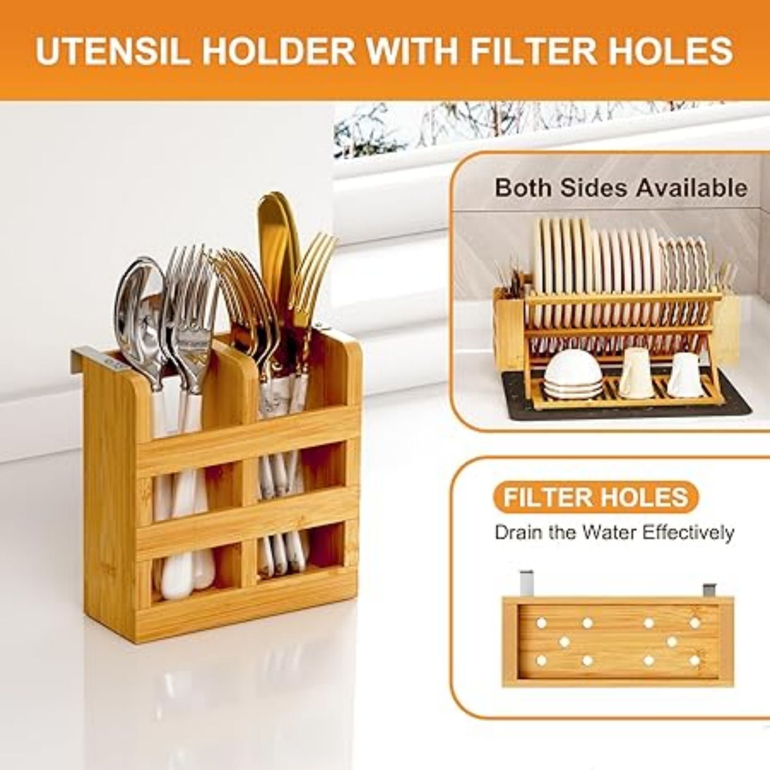 Bamboo Dish Drying Rack with Utensil Holder, 3 Tier Collapsible Dish Rack, Wooden Dish Racks for Kitchen Counter, Large Folding Drying Holder with Absorbent Dish Drying Mat