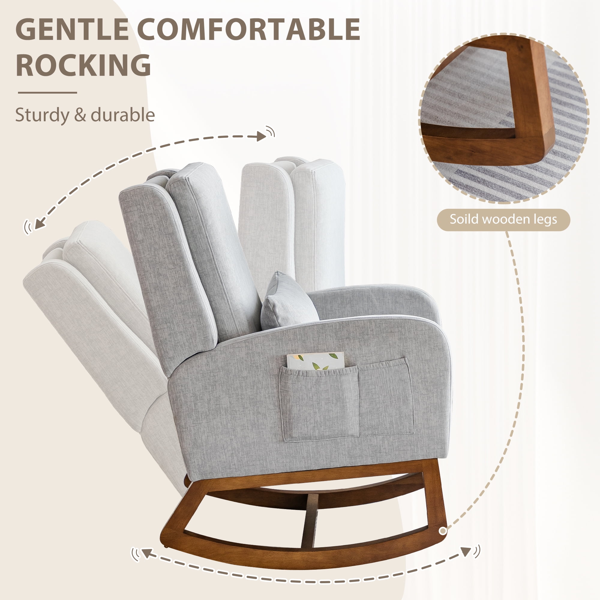 Nursery Rocking Chair, Indoor Upholstered Rocking Chair for Living Room, Modern Glider Rocker Chair w/Pillow, High Back Padded Seat Side Armchair (Grey)
