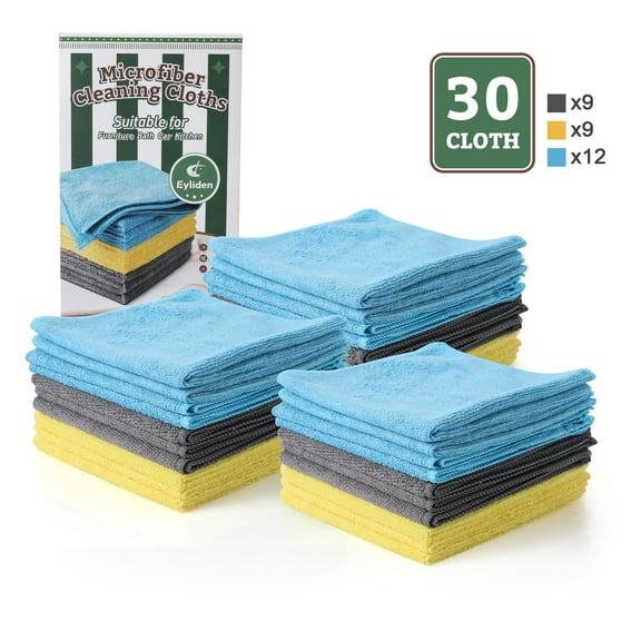 Eyliden Microfiber Cleaning Cloths Pads, Absorbent, Streak Free, Reusable and Washable, 30 Count, 3 Pack